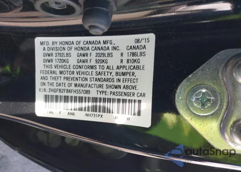 2015 Honda Civic Ex z USA, uszkodzony, nr VIN 2HGFB2F84FH557089